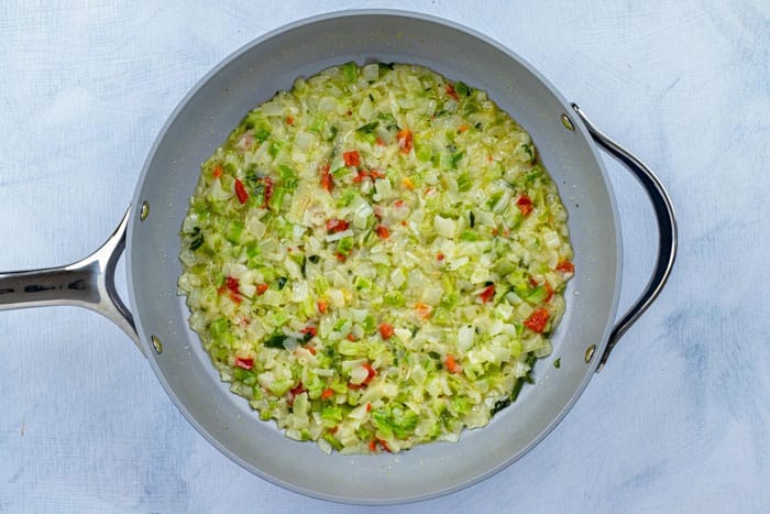 chopped onion, bell pepper, and celery in butter in saute pan