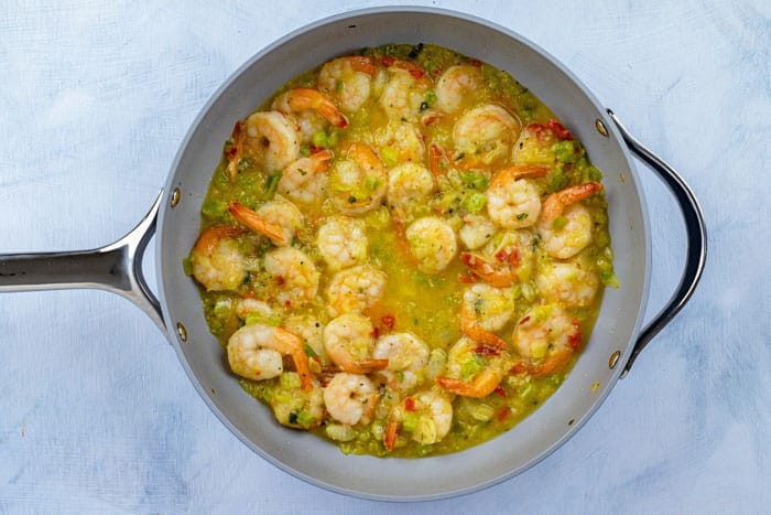 chopped onion, bell pepper, and celery and shrimp in butter in saute pan