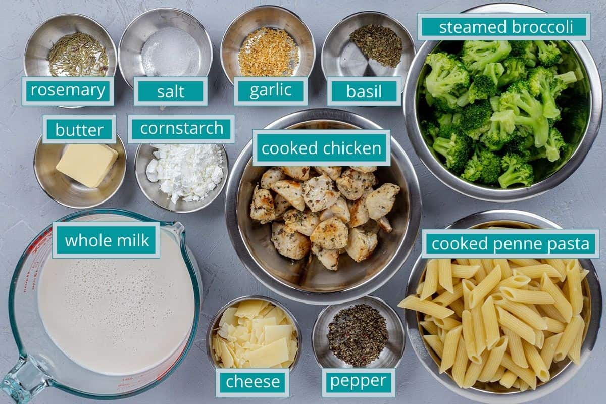 Ingredients measured out in various stainless steel bowls on counter top.