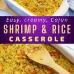 shrimp and rice casserole in white dish with wooden spoon