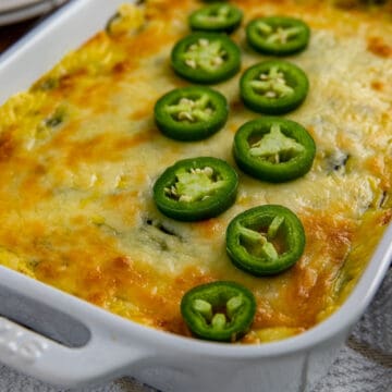 baked Spinach jalapeno casserole in 9" by 13" white casserole dish