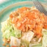 Cabbage Casserole on blue plate with fork