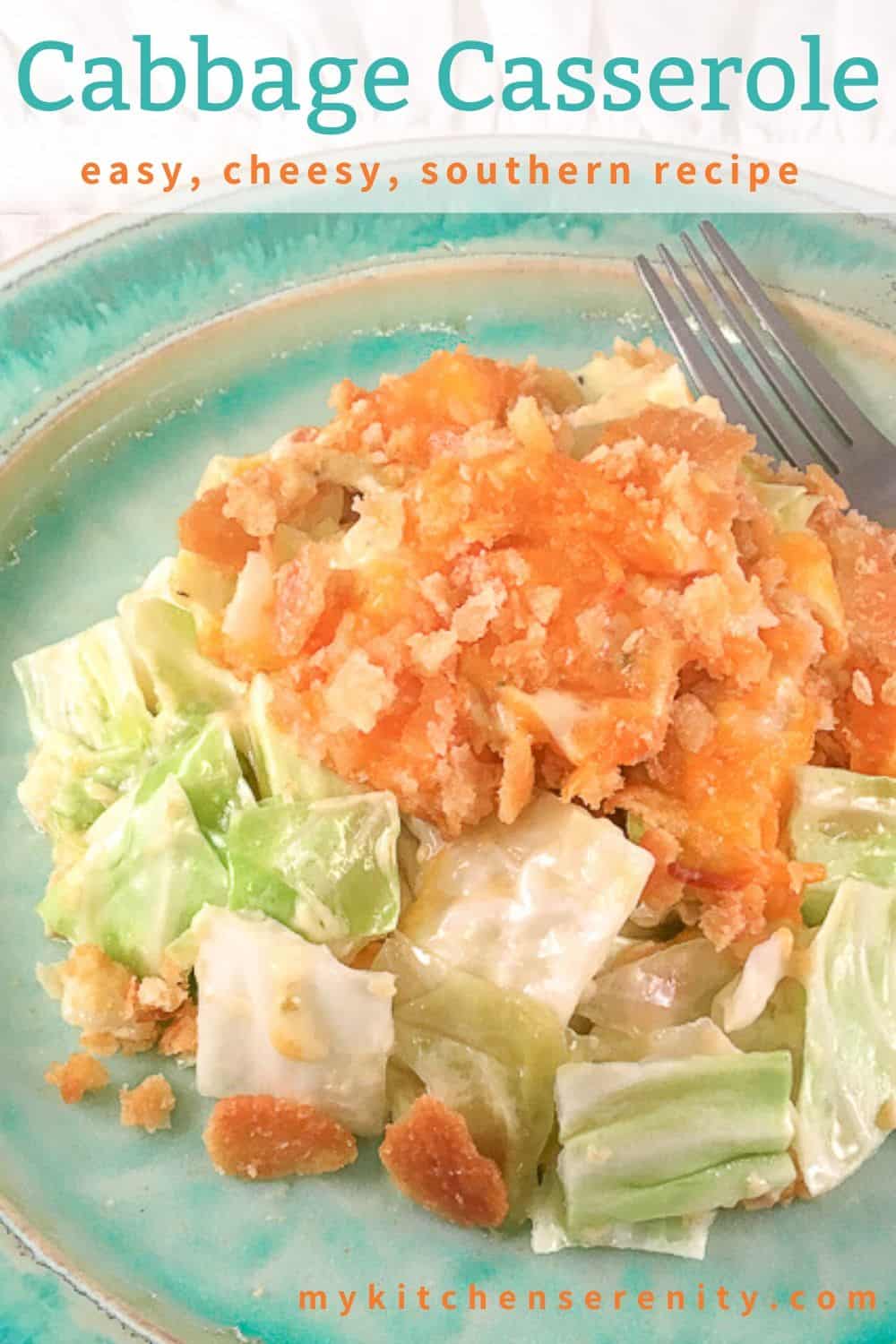 Cabbage Casserole on blue plate with fork