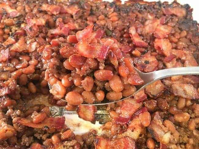 Easy Baked Beans with Ground Beef, Bacon, and Brown Sugar - My Kitchen Serenity