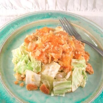 casserole on blue plate with fork