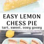 3 slices of lemon chess pie on blue platter with lemon garnish