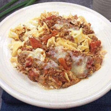 Beef Noodle Casserole in white bowl