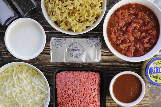 beef noodle casserole ingredients laid out as mise en place