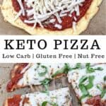 Low Carb Keto Pizza topped with pepperoni and shredded mozzarella cheese