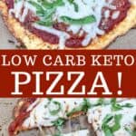 Low Carb Keto Pizza topped with pepperoni and shredded mozzarella cheese