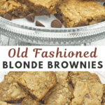 blonde brownie squares on glass platter with chocolate chips as garnish