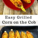 southern grilled corn on the cob on red plate with a hamburger