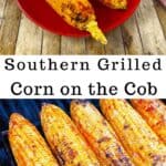 southern grilled corn on the cob on red plate with a hamburger