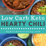 hearty low carb keto chili in blue and red bowls with jalapeno slices and cheddar cheese on top