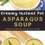 soup in white bowls with asparagus garnish
