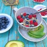 low carb keto oatmeal in bowl with avocado