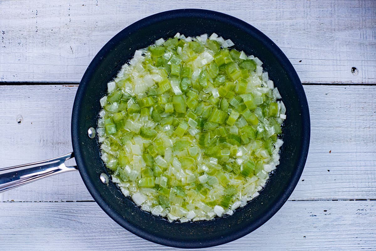 sauteed onion, bell pepper, and celery in skillet