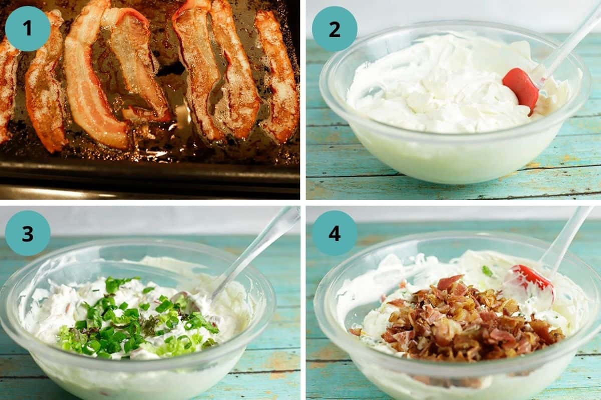 Photo collage of bacon, cream cheese, and green onion being mixed into a bowl step by step.