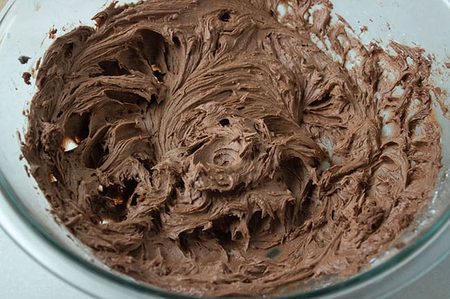 milk, vanilla, butter, cocoa, and powdered sugar in mixing bowl