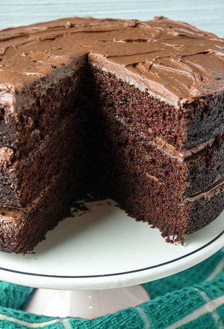 easy chocolate cake on white cake platter