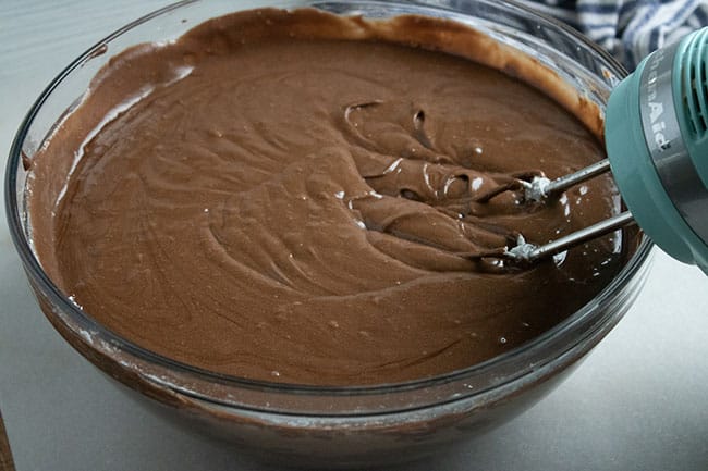 best chocolate cake batter in glass mixing bowl