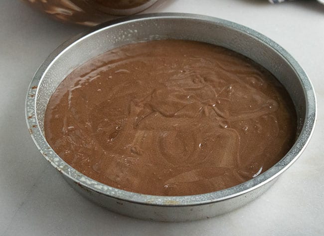 chocolate cake batter in round cake pan