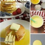 collage of pictures of keto pancakes on white plate with fruit