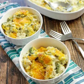 baked casserole in white bowls