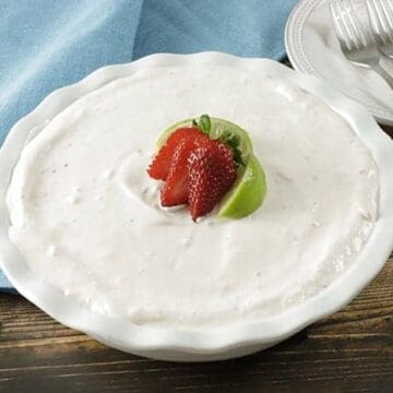 whole frozen strawberry cream pie topped with strawberry