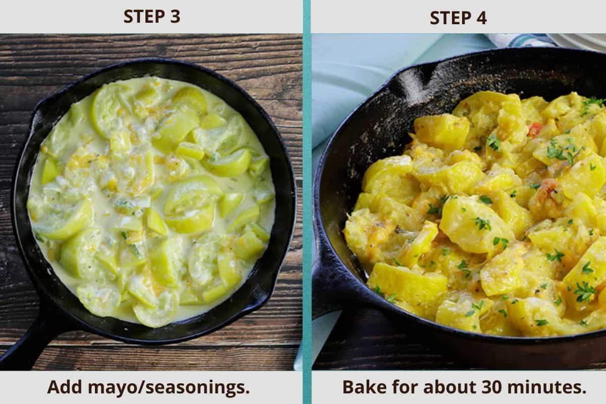 photo collage of unbaked squash casserole in cast iron skillet on the left and baked casserole on the right