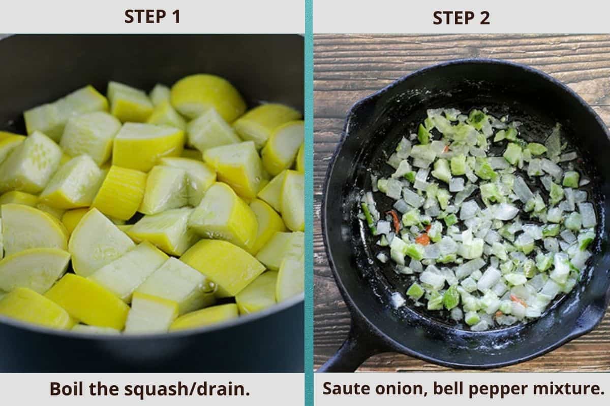 photo collage of boiled squash on the left and sautéed onions and bell peppers on the right