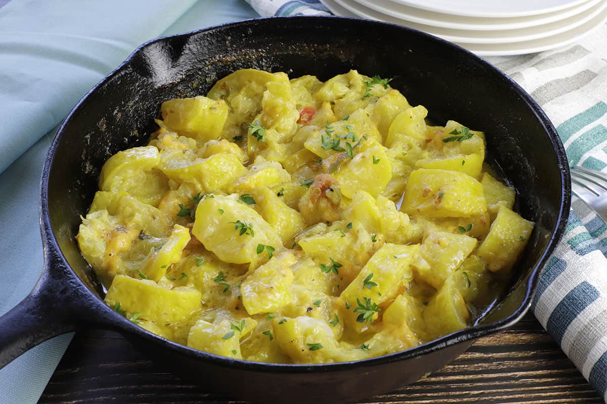 baked casserole in cast iron skillet