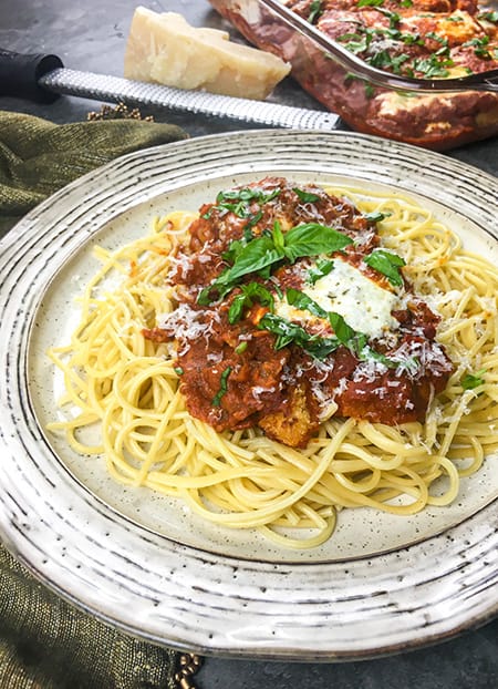 Chicken Parmesan over Spaghetti