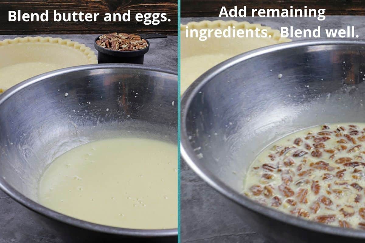 photo collage of mixing bowl with butter and sugar on the left, and another mixing bowl with remaining ingredients on the right