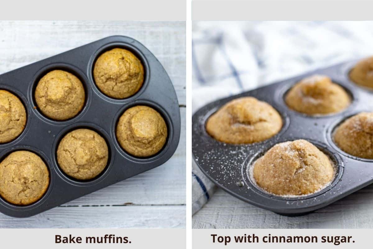 photo collage with baked muffins in muffin tin on the left and cinnamon sugar topped muffins on the right