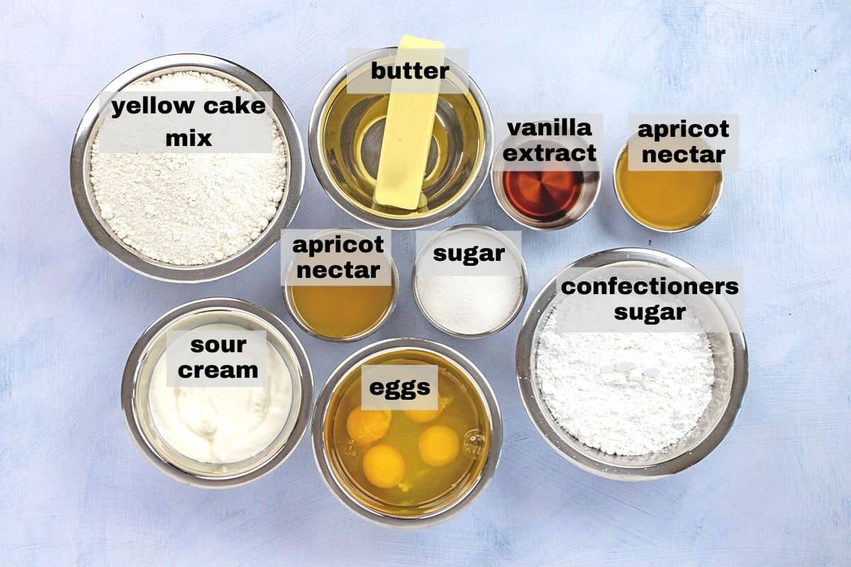 ingredients measured out in silver bowls on countertop
