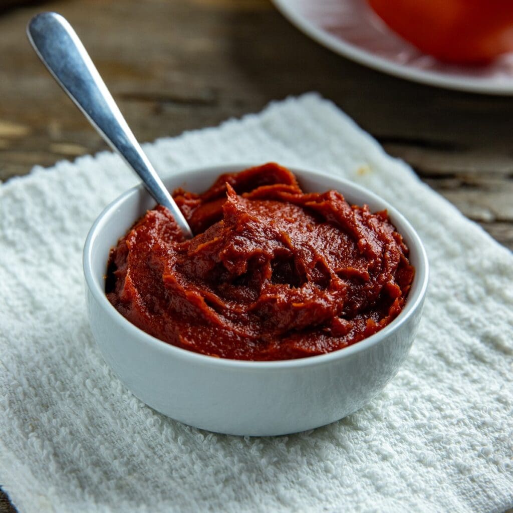 A small white bowl containing tomato paste.