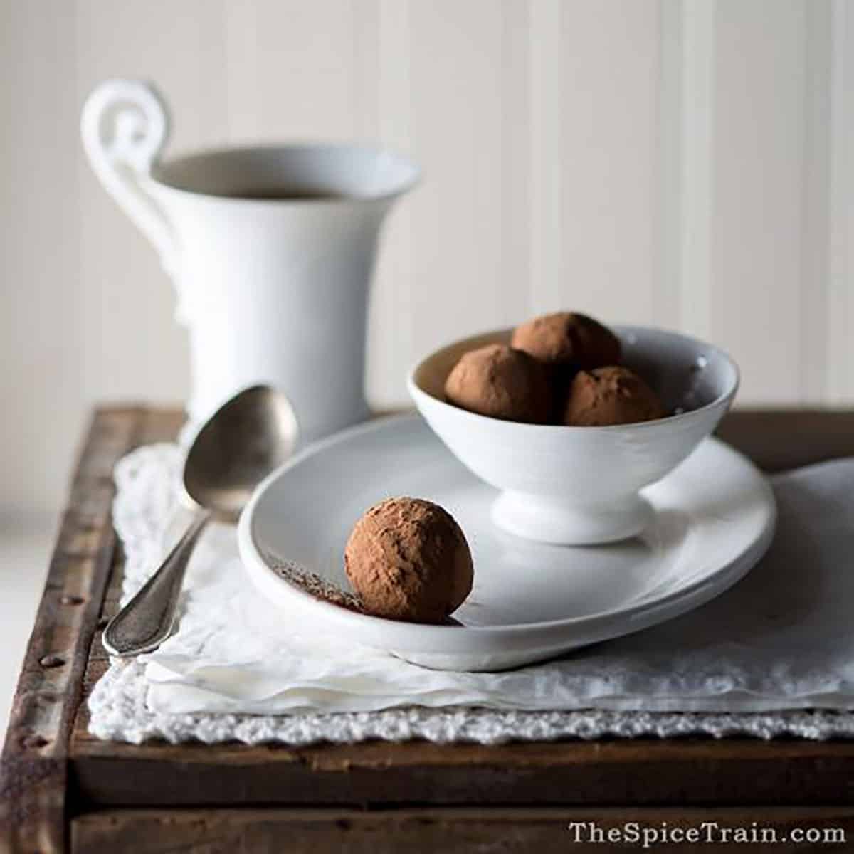 bowl of truffles on wooden serving tray 