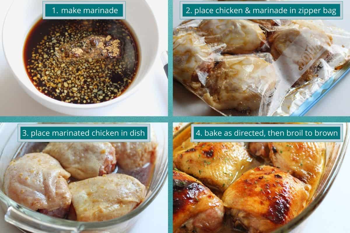 Photo collage of marinade in bowl, chicken in ziplock bag, chicken in baking dish, baked chicken in dish.