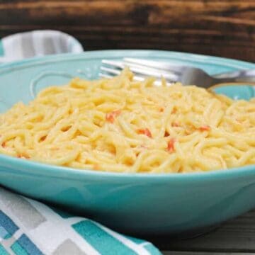 Picture of rotel chicken spaghetti in a blue bowl