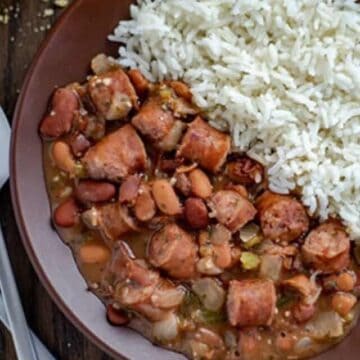 picture of easy red beans and rice on brown plate