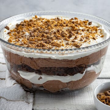 Layered chocolate trifle in glass bowl