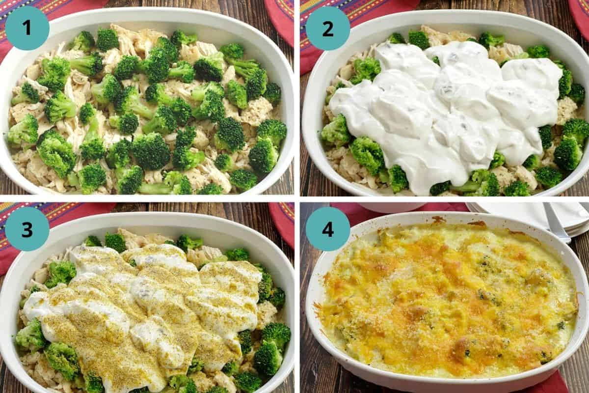 Four photos showing how to make chicken divan step-by-step.
