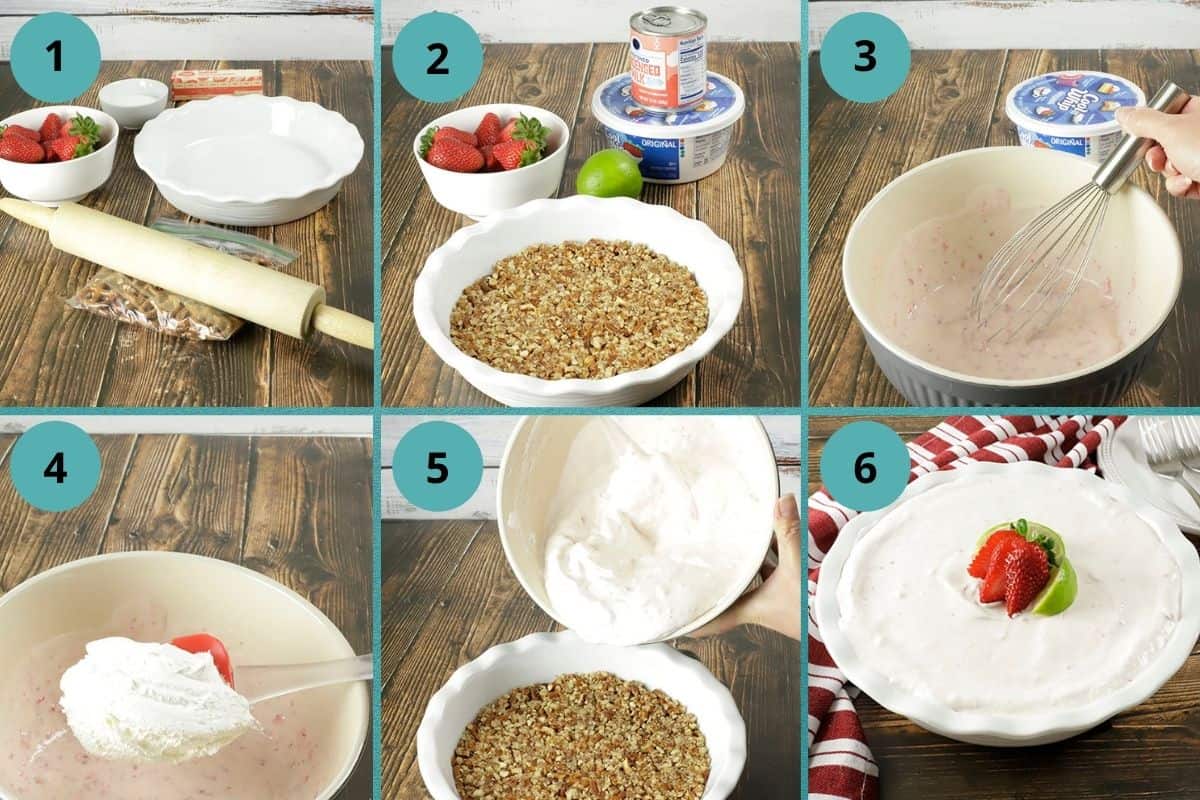 Photo collage of strawberry pie recipe steps.