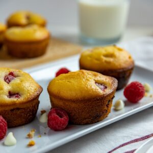 three baked muffins on white rectangular dish with raspberries and white chocolate chips scattered around the muffins. Glass of milk in background.