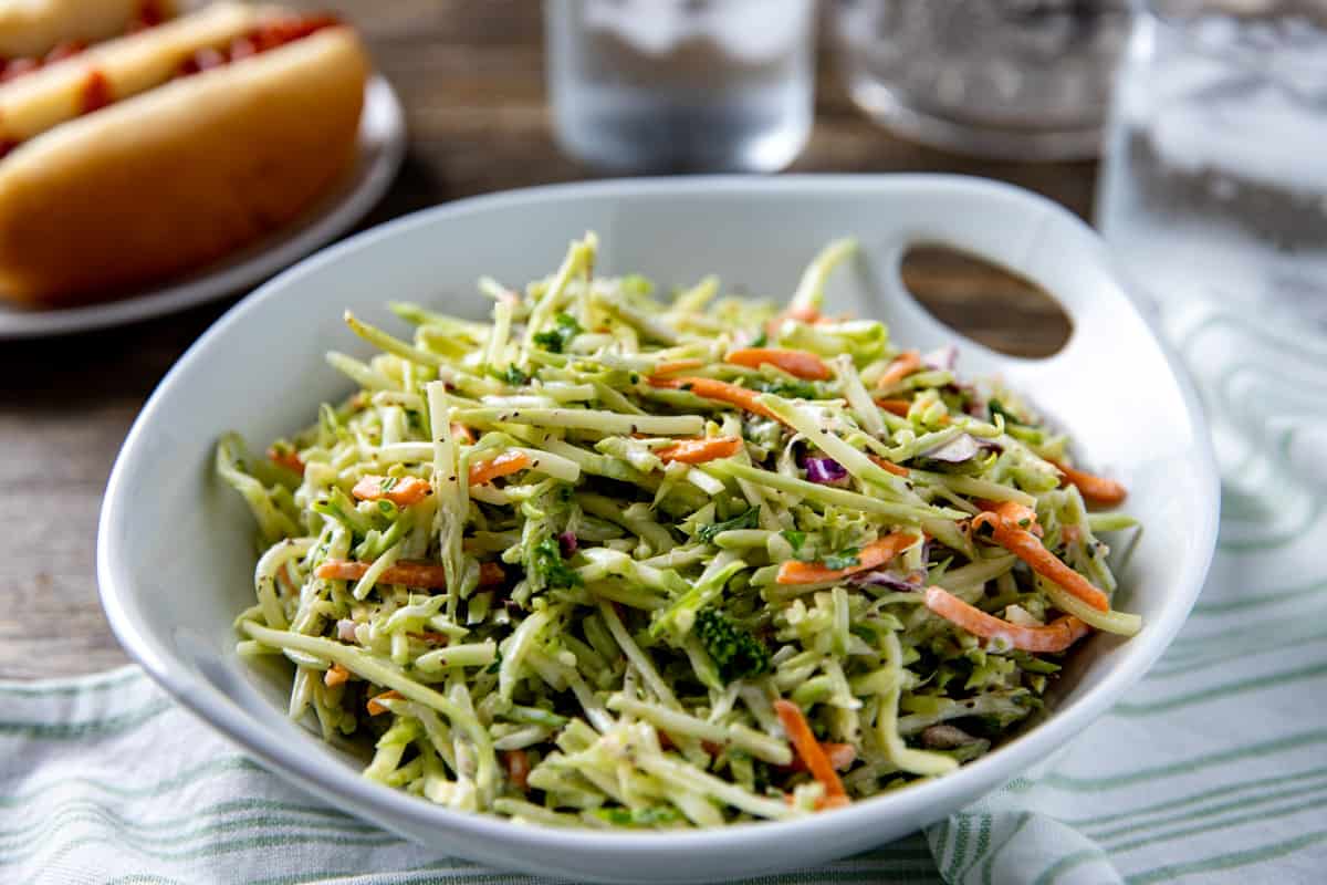 finished broccoli slaw in white round dish