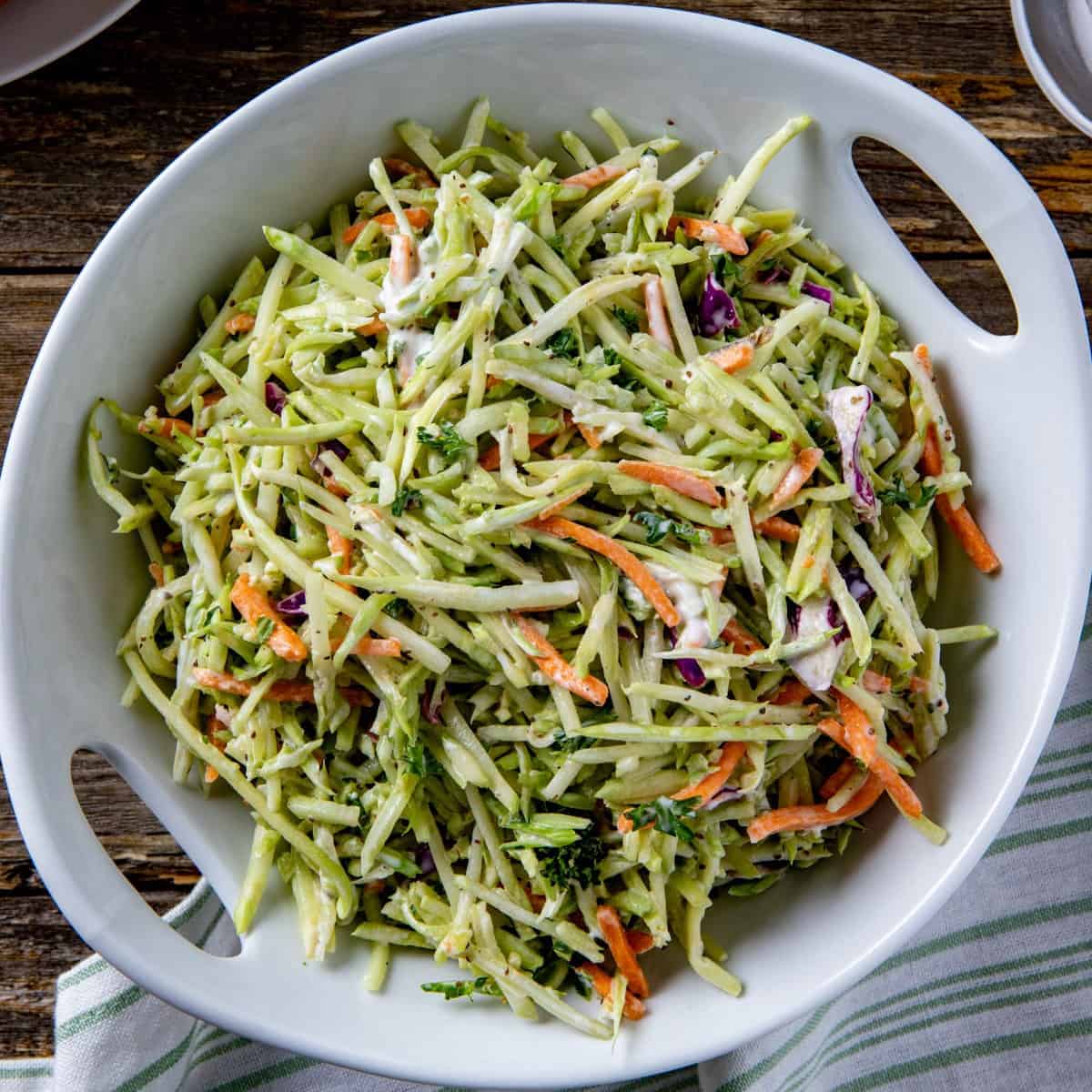 finished broccoli slaw in white round dish