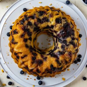 overhead view of baked cake. Cake on white cake holder with fresh blueberries scattered around.