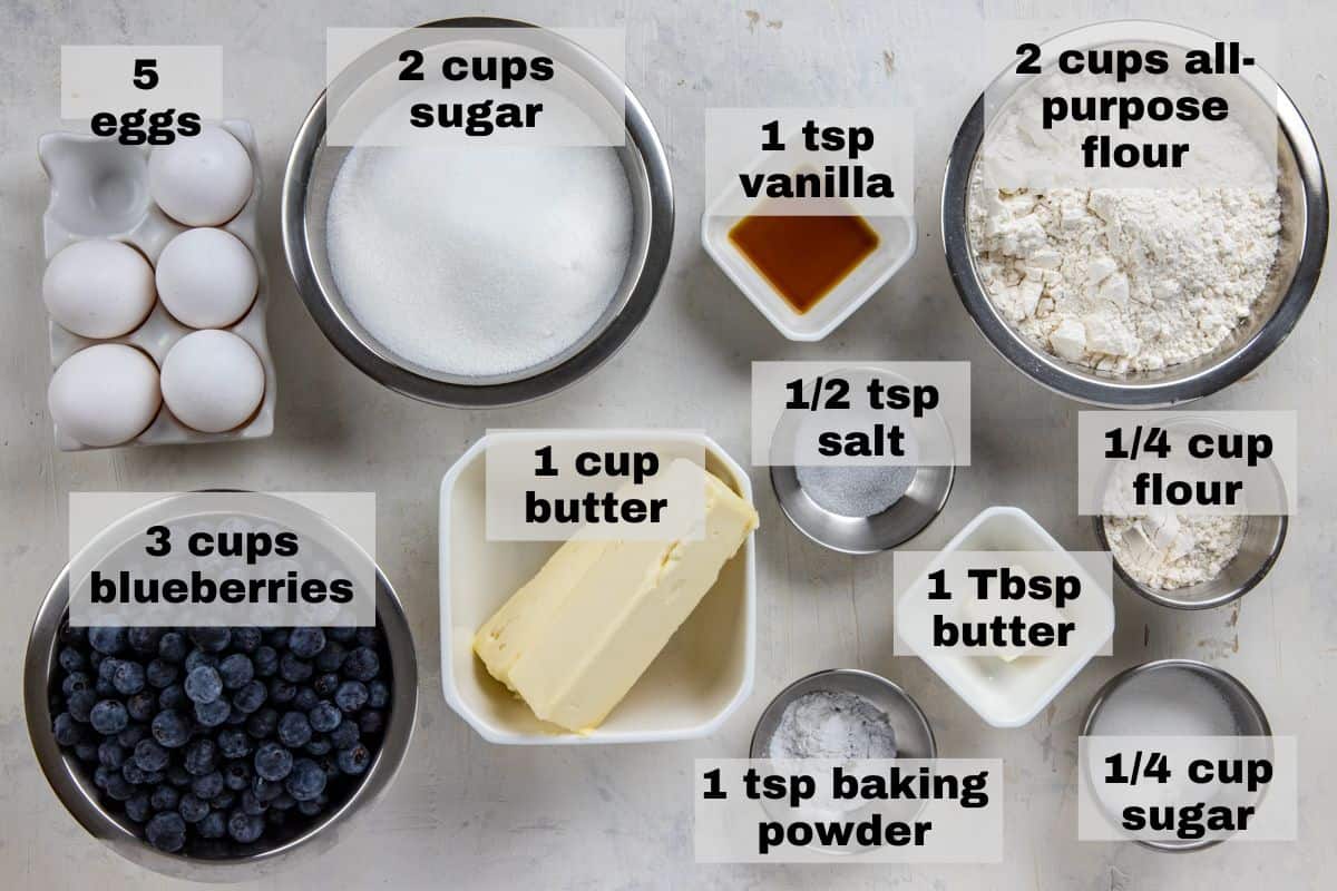 cake ingredients measured out in individual containers