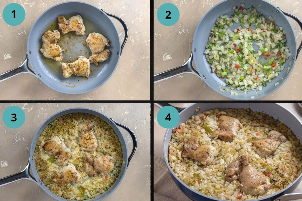 photo collage of recipe steps.  Photo 1 is seasoned and seared chicken thighs in pan. Second photo is cooked onion, bell pepper, and celery in pan.  Third photo is all ingredients in pan ready to cook. Fourth picture is cooked chicken and rice in pan.